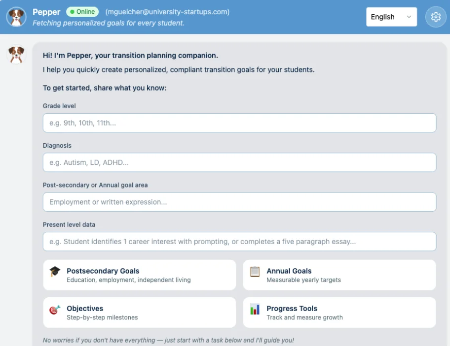 Pepper, the Interactive Goal Bank transition planning companion