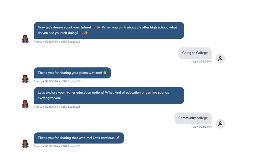 Transition Plan Creator conversation with Trinity guiding a student through post-high school planning