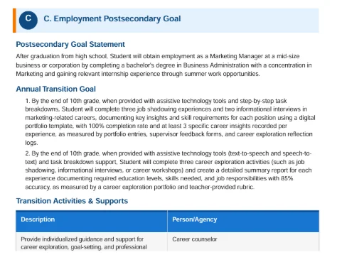 Employment postsecondary goal section in a generated transition plan