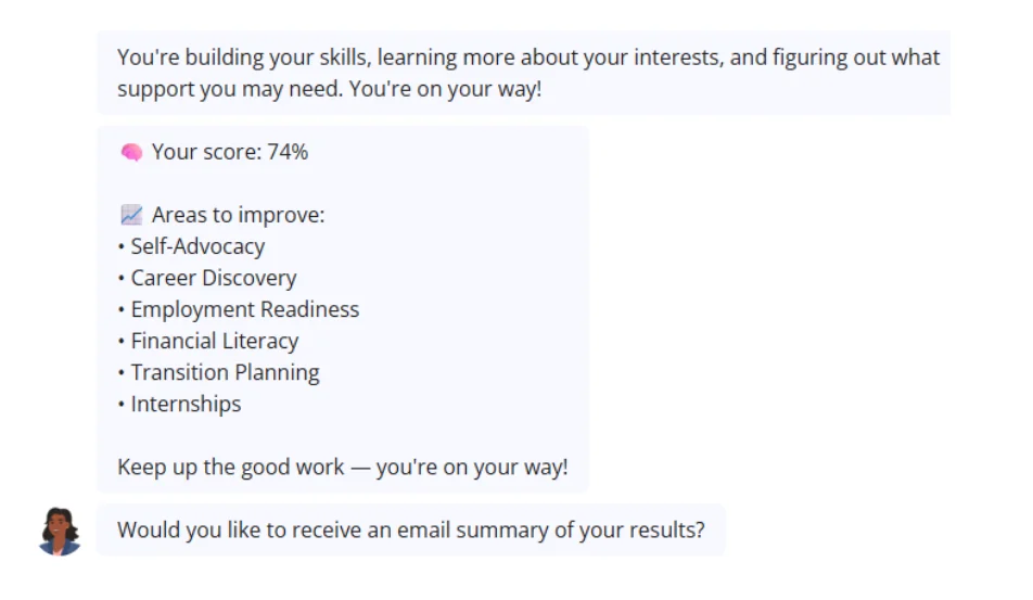 Transition Readiness Score results showing score, areas to improve, and email summary prompt