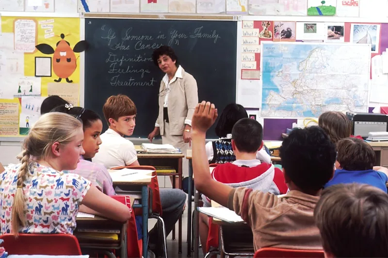 Teacher supporting students in a classroom